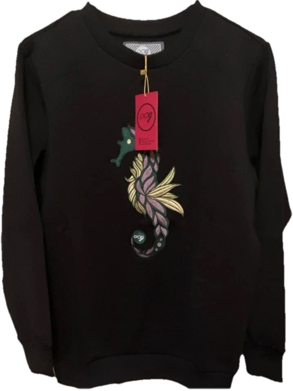 Black Crewneck Sweater with Decorative Seahorse Motif